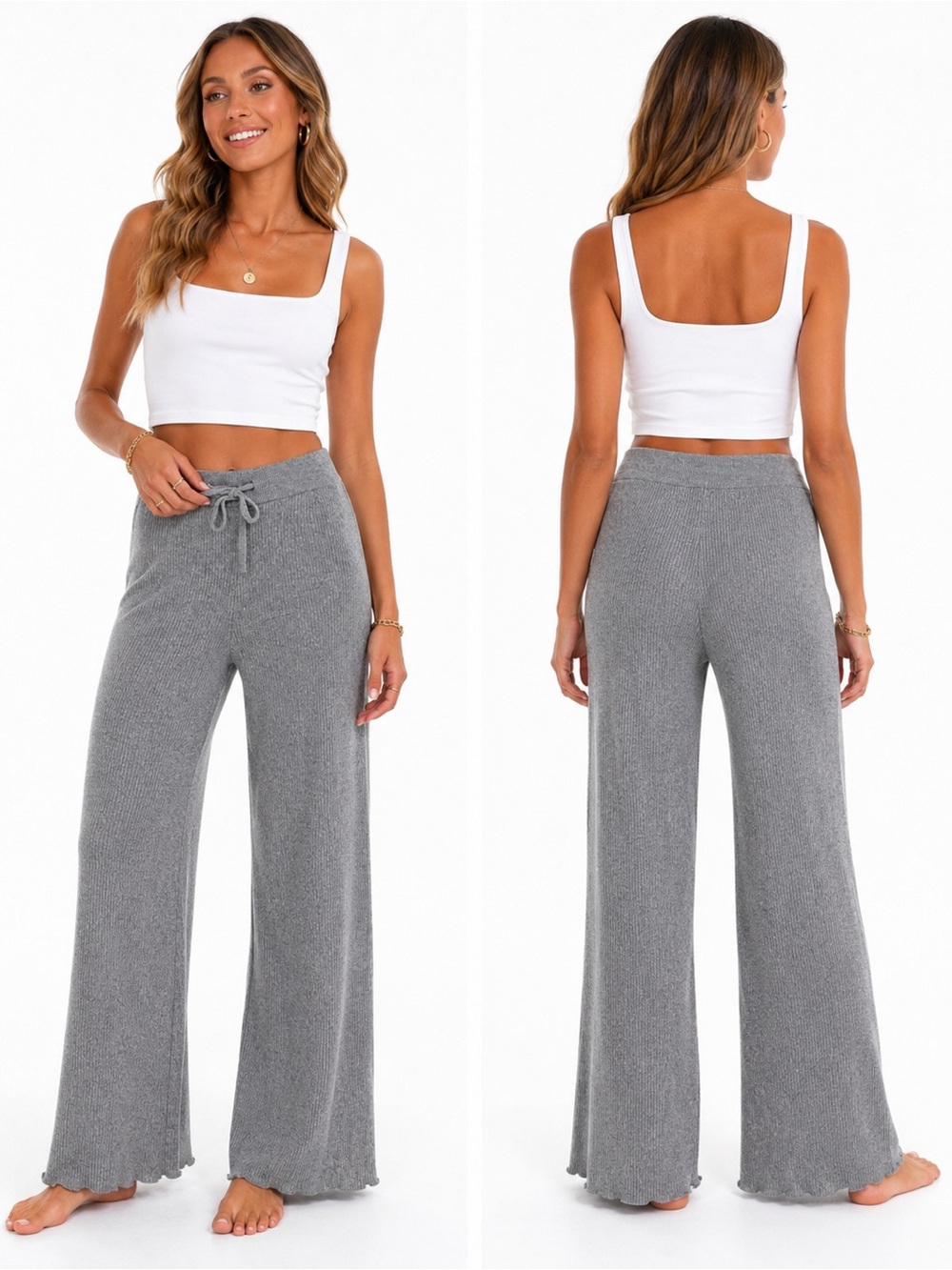 NAP Loungewear 100% Wool Knit Lounge Pants Gray Wide Leg Drawstring L (S/M)
